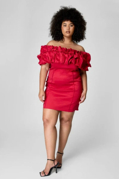 Plus Taffeta Ruched Bardot Mini Dress